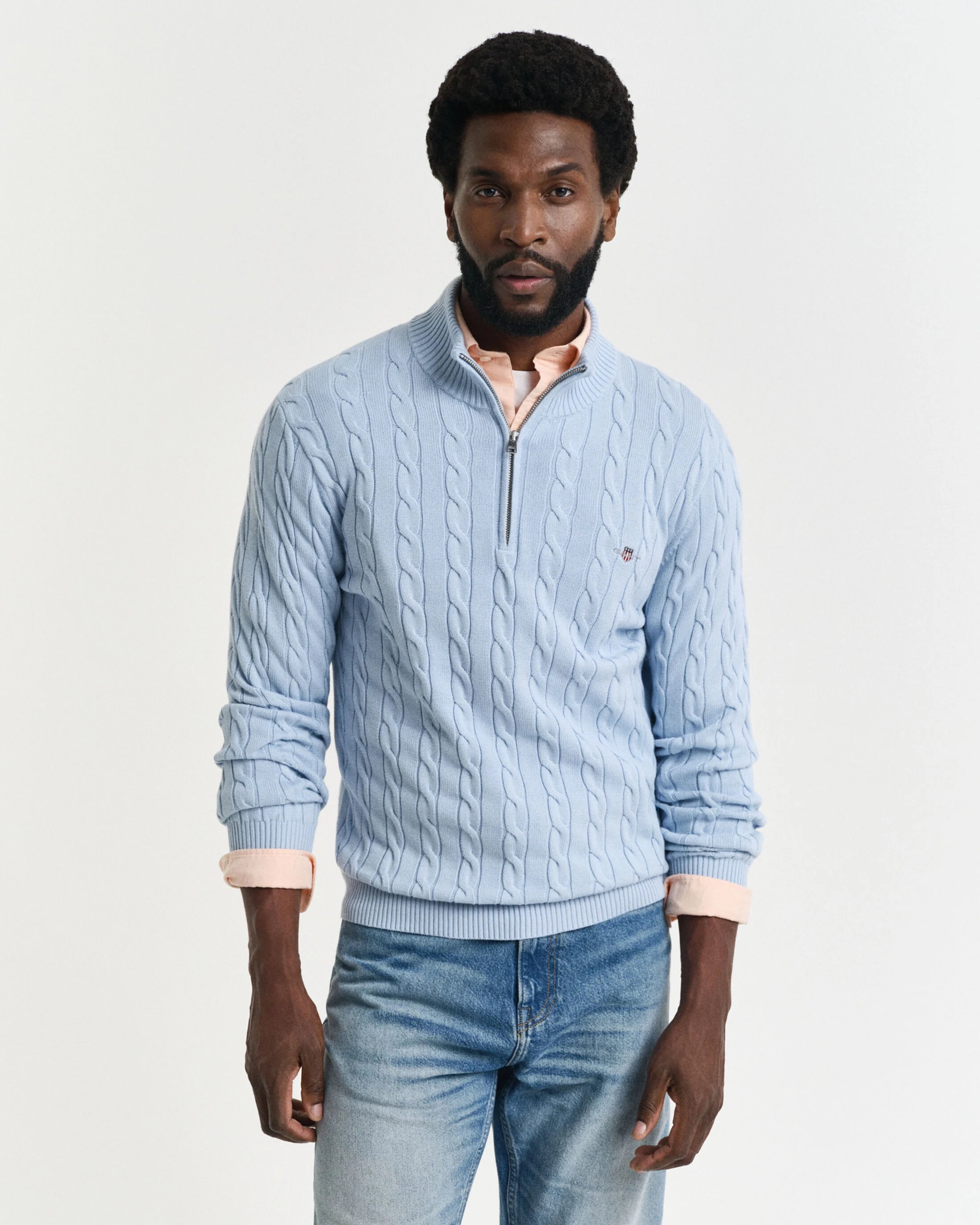 KABELSTRIKKET SWEATER BOMULD HALF ZIP