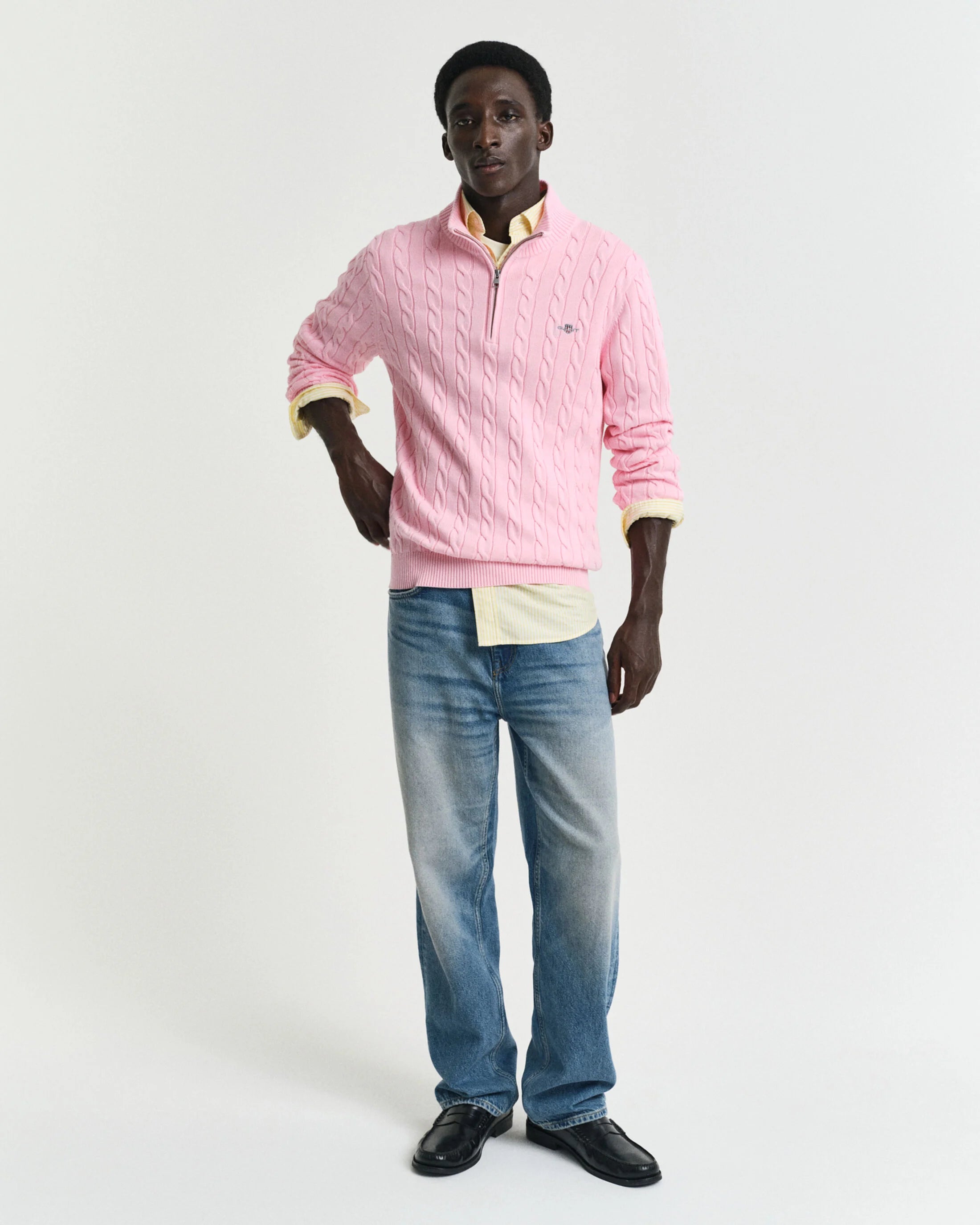 KABELSTRIKKET SWEATER BOMULD HALF ZIP