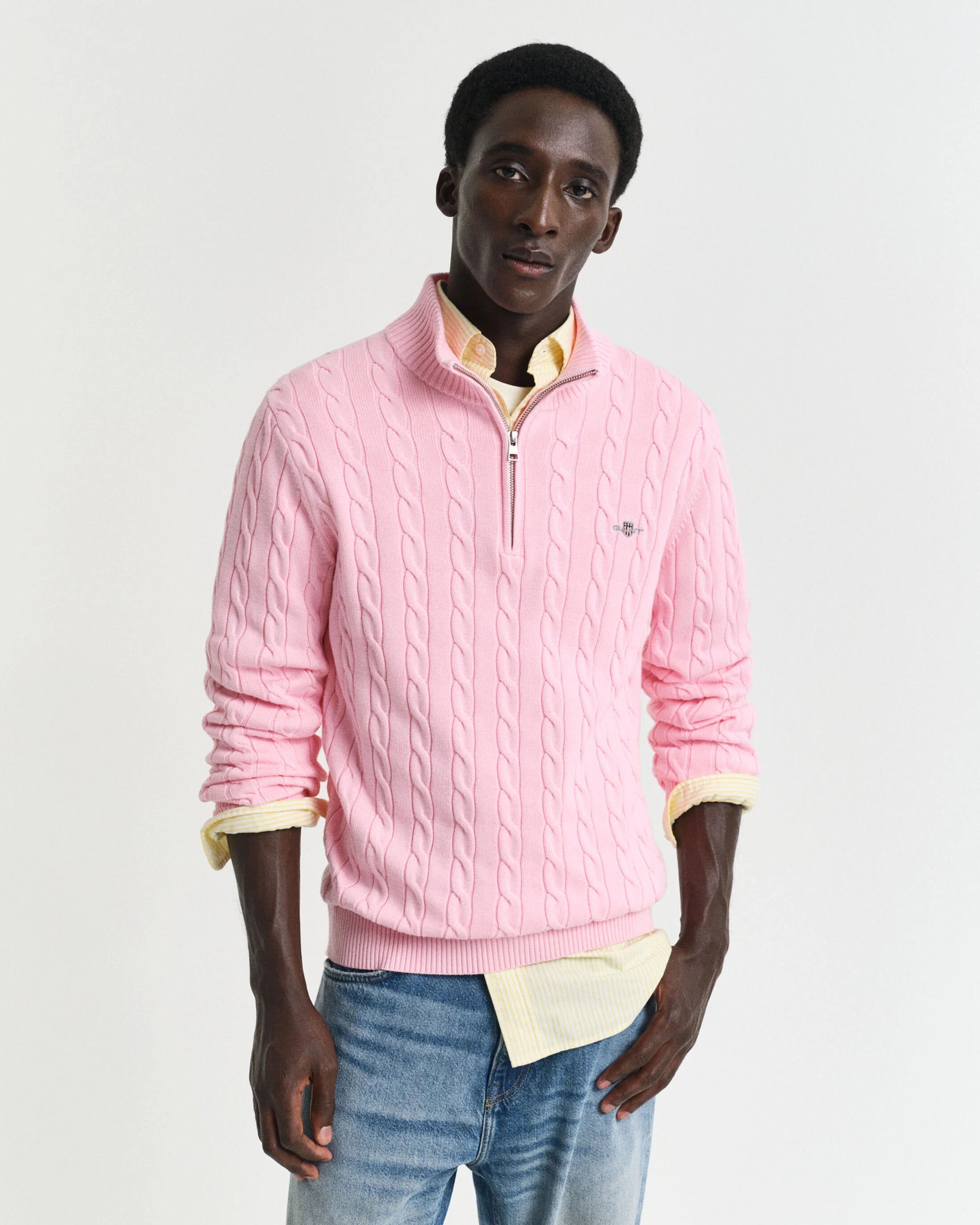 KABELSTRIKKET SWEATER BOMULD HALF ZIP